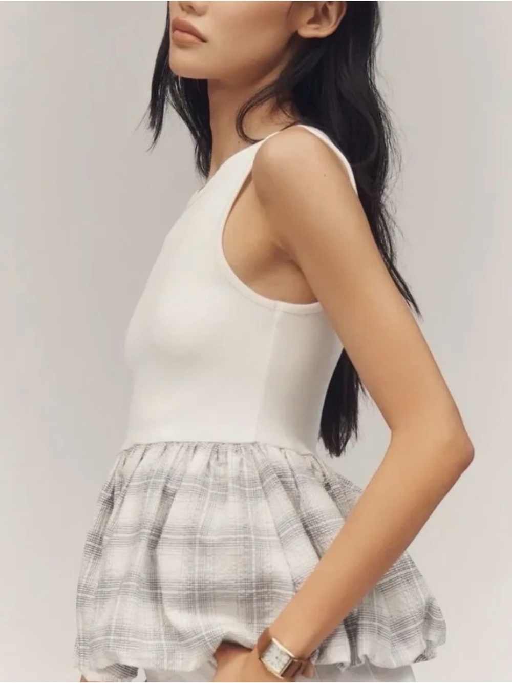Maeve White Tank Peplum Top with Gray Plaid Ruffle
